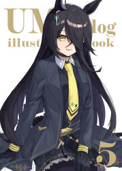  1girl absurdres ahoge amane_(amanevo) animal_ears black_gloves black_hair black_pantyhose black_skirt black_vest collared_shirt commentary_request ear_ornament ear_tag earrings gloves hair_between_eyes hair_over_one_eye hem_peeking_out highres horse_ears horse_girl jewelry long_bangs long_hair long_hair_between_eyes long_sleeves manhattan_cafe_(creeping_shadow)_(umamusume) manhattan_cafe_(umamusume) multicolored_hair necktie pantyhose parted_lips pleated_skirt shirt single_earring sitting skirt smile solo umamusume very_long_hair vest white_hair white_shirt yellow_eyes yellow_necktie 
