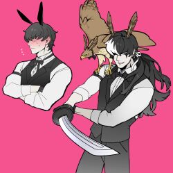  1boy absurdres ace_attorney age_comparison animal_ears animal_on_shoulder bird bird_on_shoulder black_bow black_bowtie black_hair black_pants black_vest blush bow bowtie commentary cowboy_shot crossed_arms fake_animal_ears grin hawk highres holding holding_sword holding_weapon long_hair looking_at_viewer male_focus multiple_views pants phoenix_wright:_ace_attorney_-_dual_destinies pink_background ponytail rabbit_ears shirt short_hair simon_blackquill simple_background smile sword taka_(ace_attorney) untranslatable_commentary vest waistcoat weapon white_shirt ytbky_8 