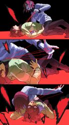 2others absurdres black_pants black_shirt brown_hair brown_pants chinese_commentary collared_shirt colored_skin commentary deltarune double_horizontal_stripe green_sweater grey_skin grey_sweater highres kris_(deltarune) lantern_madoyoi medium_hair multiple_others other_focus pants red_eyes screaming shirt single_horizontal_stripe sitting sitting_on_person string striped_clothes striped_sweater sweater utdr_(toby_fox) vessel_(deltarune) yellow_skin 