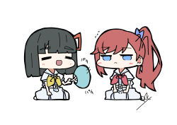  2girls :< :d =_= absurdres black_hair blue_eyes blunt_bangs blunt_ends blush bob_cut chibi chibi_only closed_eyes closed_mouth dress fanning flying_sweatdrops frown hair_ornament hand_fan hasu_no_sora_school_uniform highres holding holding_fan jitome kinjo_maika love_live! love_live!_hasu_no_sora_jogakuin_school_idol_club momose_ginko multiple_girls neckerchief oofushi_ao open_mouth paper_fan pleated_dress ponytail puffy_short_sleeves puffy_sleeves red_neckerchief sailor_collar sailor_dress school_uniform short_hair short_sleeves signature simple_background smile sound_effects summer_uniform uchiwa virtual_youtuber white_background white_dress white_sailor_collar yellow_neckerchief 