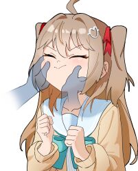  1girl absurdres ahoge blue_sailor_collar bow bowtie brown_hair cardigan closed_eyes closed_mouth commentary english_commentary from_side green_bow green_bowtie hair_between_eyes hair_intakes hair_ornament hair_ribbon hands_on_another's_cheeks hands_on_another's_face heart heart_hair_ornament highres long_hair long_sleeves neuro-sama neuro-sama_(1st_costume) ramyun_(shcks97) red_ribbon ribbon sailor_collar solo_focus two_side_up upper_body vedal_ai virtual_youtuber yellow_cardigan 