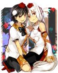  2girls animal_ears biscuit_(bis0) black_hair breasts geta hand_on_hip hat head_on_head highres inubashiri_momiji looking_at_viewer multiple_girls open_mouth pom_pom_(clothes) red_eyes shameimaru_aya short_hair silver_hair sitting skirt smile tail tokin_hat touhou wolf_ears wolf_tail 