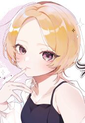  1girl black_camisole blonde_hair blush camisole character_request closed_mouth collarbone commentary_request copyright_request cropped eyelashes finger_to_own_chin fingernails highres jacket lips long_sleeves muridayo_n75 open_clothes open_jacket see-through_clothes see-through_jacket short_hair single_bare_shoulder single_off_shoulder solo sparkle violet_eyes white_background 