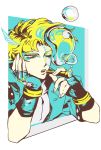  1boy bubble_blowing bubble_pipe caesar_anthonio_zeppeli facial_mark feathers fingerless_gloves gloves hair_feathers headband jacket jojo_no_kimyou_na_bouken limited_palette mapi one_eye_closed solo 