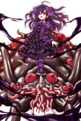  1girl 1other ahoge arms_at_sides aura black_hair black_headdress black_sleeves bow bug collarbone compound_eyes cross-laced_clothes cross-laced_dress dark_aura dress floating_hair flower frilled_dress frills game_asset gothic_lolita hair_bow highres kamei layered_sleeves ljudmila lolita_fashion long_sleeves looking_at_viewer monster multiple_hair_bows neck_ribbon non-web_source official_art open_mouth pantyhose pink_eyes pink_flower pink_rose puffy_sleeves purple_bow purple_dress purple_ribbon ribbon rose seisenki_valkyrie_sisters self-datamine short_over_long_sleeves short_sleeves solo spider standing striped_clothes striped_pantyhose transparent_background two_side_up 