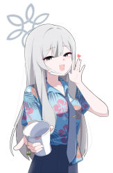  1girl absurdres blue_archive blue_necktie blue_shirt blue_skirt commentary cup disposable_cup floral_print floral_print_shirt grey_eyes grey_hair grey_halo halo hand_up hawaiian_shirt heart highres holding holding_cup konoka_(blue_archive) lipstick_mark long_hair looking_at_viewer loose_necktie mask mask_pull meteor_(ks111278) mouth_mask necktie no_jacket open_collar open_mouth pleated_skirt print_shirt shirt shirt_partially_tucked_in simple_background skirt smile solo surgical_mask upper_body white_background white_mask 