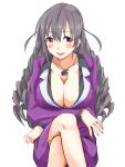  1girl blush breast_hold breasts cleavage crossed_legs drill_hair formal grey_hair idolmaster idolmaster_cinderella_girls ky_kosuke large_breasts long_hair older parted_lips sakakibara_satomi sitting skirt_suit smile solo suit violet_eyes white_background 