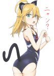  1girl ahoge animal_ears blonde_hair cat_ears cat_tail fake_animal_ears green_eyes leopard_(yatterman) long_hair looking_at_viewer one-piece_swimsuit open_mouth shunichi solo swimsuit tail time_bokan_(series) translation_request yatterman yoru_no_yatterman 