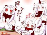  3girls ahoge airfield_hime claws comic dress horn horns kantai_collection long_hair mittens multiple_girls northern_ocean_hime orange_eyes red_eyes sako_(bosscoffee) seaport_hime shinkaisei-kan sitting sitting_on_lap sitting_on_person translation_request white_dress white_hair white_skin 