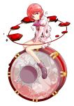  1girl :o after_battle boots dairi damaged drum highres hole horikawa_raiko hurt injury instrument jacket legs looking_at_viewer necktie open_mouth pink_hair red_eyes sad short_hair skirt solo tachi-e tears torn_clothes torn_jacket torn_shirt torn_skirt touhou v_arms 