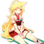  1girl animal_ears blush fox_ears long_hair lowres naomi_(sekai_no_hate_no_kissaten) one_eye_closed original simple_background sitting skirt smile solo very_long_hair white_background 