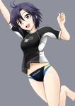  1girl black_eyes black_hair fuuma_nagi idolmaster kikuchi_makoto short_hair speedo_(company) swim_briefs swimsuit t-shirt 