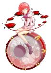  1girl :o after_battle boots closed_eyes dairi damaged drum highres hole horikawa_raiko hurt injury instrument jacket legs looking_at_viewer necktie pink_hair red_eyes sad short_hair skirt solo tachi-e tears torn_clothes torn_jacket torn_shirt torn_skirt touhou v_arms 