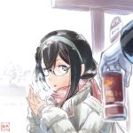  1girl black_hair canned_coffee glasses green_eyes hairband kantai_collection long_hair mokomokokedama ooyodo_(kantai_collection) scarf steam twitter_username winter winter_clothes 