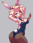  1girl animal_ears armpits arms_up ass bare_shoulders between_breasts black_legwear blonde_hair blue_eyes blush braid breasts bunny_girl bunny_tail bunnysuit cleavage detached_collar elsa_(frozen) fake_animal_ears frozen_(disney) highres large_breasts long_hair looking_at_viewer moyoosu necktie necktie_between_breasts pantyhose rabbit_ears simple_background single_braid smile solo tail wrist_cuffs 