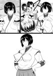  4girls bifidus comic commentary horns hyuuga_(kantai_collection) ise_(kantai_collection) japanese_clothes kantai_collection kisaragi_(kantai_collection) long_hair midway_hime monochrome multiple_girls ocean pads ponytail short_hair simple_background undershirt 