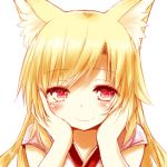  1girl akane_(naomi) animal_ears blush fox_ears heart heart-shaped_pupils long_hair naomi_(sekai_no_hate_no_kissaten) original red_eyes simple_background smile solo symbol-shaped_pupils white_background 