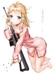  1girl blonde_hair blue_eyes gun looking_at_viewer moemi_tobi off_shoulder rifle sniper_rifle solo tina_sprout weapon 