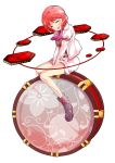  1girl :d ^_^ alphes_(style) blush boots closed_eyes dairi drum facing_viewer happy highres horikawa_raiko instrument jacket legs necktie open_mouth parody pink_hair red_eyes short_hair skirt smile solo style_parody tachi-e touhou v_arms 