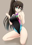  1girl black_hair blue_eyes clothes_writing competition_swimsuit fuuma_nagi hentai_ouji_to_warawanai_neko kneeling long_hair one-piece_swimsuit ponytail swimsuit tsutsukakushi_tsukushi 