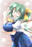  1girl blush bow breasts daiyousei fairy_wings fumitsuki_(minaduki_6) green_eyes green_hair hair_bow large_breasts long_hair open_mouth ribbon side_ponytail smile solo touhou wings wink 