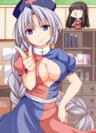  1girl blue_eyes book box braid breasts character_doll hat houraisan_kaguya kue large_breasts long_hair no_bra nurse nurse_cap open_clothes open_shirt puffy_short_sleeves puffy_sleeves shelf shirt short_sleeves silver_hair skirt smile touhou very_long_hair yagokoro_eirin 