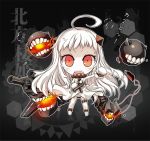  &gt;:o 1girl :o ahoge airplane chibi dress holding horns kantai_collection long_hair looking_at_viewer machinery mittens ms06s northern_ocean_hime open_mouth orange_eyes shinkaisei-kan solo translation_request turret white_dress white_hair white_skin 