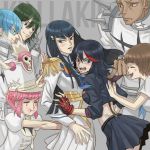  3boys 4girls :t anger_vein blush cosom dress epaulettes gamagoori_ira hat inumuta_houka jakuzure_nonon junketsu kill_la_kill kiryuuin_satsuki long_hair mankanshoku_mako matoi_ryuuko midriff multiple_boys multiple_girls pushing sanageyama_uzu school_uniform senketsu serafuku shako_cap short_hair skirt smile 