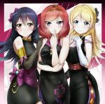  3girls ayase_eli blonde_hair blue_eyes blue_hair blush brown_eyes highres long_hair looking_at_viewer love_live!_school_idol_project multiple_girls nishikino_maki redhead shiimai short_hair sleeveless smile soldier_game sonoda_umi violet_eyes 