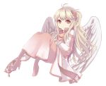  1girl artist_name blonde_hair boots brown_eyes feathered_wings hair_ornament hairpin long_hair long_sleeves mabinogi one_side_up original pink_boots pk_(mist117) popped_collar side_ponytail simple_background solo very_long_hair white_background wings 