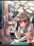  2girls black_legwear blue_hair brown_hair female glasses gloves hat highres latex_gloves long_hair multiple_girls nurse nurse_cap short_hair smile surgical_mask syringe tanbe thigh-highs white_legwear zettai_ryouiki 