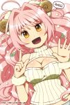  1girl 2015 :d ahoge breasts cleavage cleavage_cutout horns long_hair looking_at_viewer open-chest_sweater open_mouth original pink_hair sheep_horns shiraazuma sleeveless smile solo sweater watermark web_address yellow_eyes 