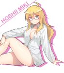  1girl ahoge bespectacled blonde_hair blush breasts character_name cleavage g.t glasses green_eyes hoshii_miki idolmaster legs long_hair looking_at_viewer purple-framed_glasses semi-rimless_glasses shirt simple_background sitting smile solo under-rim_glasses white_background 