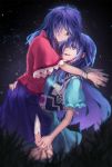  2girls arms_around_neck black_eyes blouse blue_eyes blue_hair bound_wrists bust dark_background hand_on_another&#039;s_ass hand_on_another&#039;s_thigh hug kaku_seiga looking_at_another miniskirt miyako_yoshika multiple_girls night night_sky open_mouth outdoors puffy_short_sleeves puffy_sleeves short_sleeves side_slit skirt sky smile star_(sky) starry_sky touhou yekong yuri 