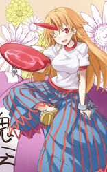  1girl aono_(anotherk) blonde_hair flower gourd horn hoshiguma_yuugi large_breasts long_hair one_eye_closed open_mouth red_eyes sakazuki sketch smile solo touhou 