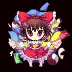  1girl ascot bow brown_hair chibi detached_sleeves hair_bow hair_ribbon hair_tubes hakurei_reimu holding looking_at_viewer ms06s nontraditional_miko ofuda red_eyes ribbon solo touhou translation_request 