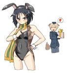  2girls =_= animal_ears bandaid bare_shoulders black_eyes black_hair blonde_hair blush breasts bunnysuit cleavage closed_eyes covered_navel cropped_jacket dog_ears dog_tail fake_animal_ears hand_on_hip haru-same heart kanno_naoe military military_uniform multiple_girls pantyhose rabbit_ears scarf short_hair simple_background solo_focus spoken_heart strike_witches sweat tail tail_wagging uniform waltrud_krupinski white_background wrist_cuffs 