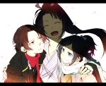  3boys black_hair blue_eyes crossover fumio_(kanmi) highres japanese_clothes kashuu_kiyomitsu multiple_boys okita_souji peace_maker_kurogane personification ponytail red_eyes smile touken_ranbu yamato_no_kami_yasusada 