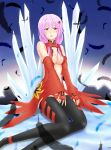 1girl bare_shoulders black_legwear blush breasts center_opening cleavage detached_sleeves elbow_gloves fingerless_gloves gloves guilty_crown hair_ornament hairclip long_hair looking_at_viewer navel open_mouth pink_hair red_eyes solo thigh-highs twintails yuzuriha_inori 