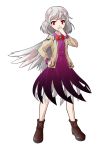  1girl boots bow covering_mouth cross-laced_footwear dairi dress hand_over_own_mouth highres jacket kishin_sagume long_sleeves looking_at_viewer red_eyes short_hair silver_hair simple_background single_wing solo touhou white_background wings 