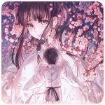  1boy 1girl cherry_blossoms instockeee japanese_clothes long_hair noragami petals purple_hair sakura_(noragami) short_hair violet_eyes yato_(noragami) 