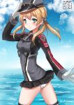  1girl aqua_eyes blonde_hair hat kantai_collection long_hair military military_uniform peaked_cap prinz_eugen_(kantai_collection) sakiyamama solo twintails uniform water 