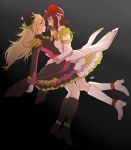  2girls ahoge alternate_eye_color amami_haruka bangs black_boots black_rose blonde_hair blunt_bangs boots brown_hair epaulettes flower green_eyes hair_flower hair_ornament hoshii_miki idolmaster long_hair multiple_girls prima_concerto red_eyes rod4817 rose short_hair swept_bangs the_sleeping_beauty_(idolmaster) white_boots yuri 