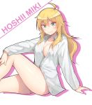  1girl ahoge blonde_hair blush breasts character_name cleavage g.t green_eyes hoshii_miki idolmaster legs long_hair looking_at_viewer shirt simple_background sitting smile solo white_background 