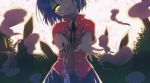 1girl blue_hair bow deep_wound grave graveyard head_out_of_frame head_tilt hitodama injury irotani_asuka jiangshi looking_at_viewer miyako_yoshika ofuda ofuda_removed open_mouth outstretched_arms rotting shirt short_hair short_sleeves skirt smile solo tears touhou vest yellow_eyes zombie_pose 