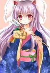  1girl alternate_costume animal_ears arrow bell ema female floral_print hamaya highres japanese_clothes jingle_bell kimono long_hair looking_at_viewer ncatabc obi outline pink_background purple_hair rabbit_ears red_eyes reisen_udongein_inaba sash simple_background smile solo touhou very_long_hair 