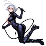  1girl ahoge black_gloves black_legwear bodysuit boots breasts center_opening cleavage gloves high_heel_boots high_heels katagiri_hachigou original red_eyes shiny shiny_clothes short_hair silver_hair simple_background solo whip white_background 