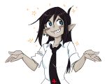  +_+ 1girl black_hair blue_eyes blush bust dark_elf demon_mages dress_shirt earrings elf grey_skin grin jason_robinson jewelry long_hair looking_to_the_side loose_necktie necktie outstretched_arms pointy_ears shirt sketch sleeves_rolled_up smile solo sparkle tara_olphoros tie_clip white_background 