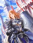 1girl armor banner blonde_hair blue_eyes cape chainmail city dutch_angle fantasy highres knight lie-on light_rays official_art original shield solo sword weapon 