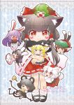  6+girls :&lt; :3 animal_ears apron ass black_dress black_hair blazer blonde_hair bloomers blush bow braid brown_eyes brown_hair bunny_tail capelet carrot cat_ears cat_tail cheese chen chibi chibi_on_head closed_eyes covering covering_crotch dowsing_rod dress ear_piercing eating fang green_hair grey_dress grey_eyes hair_tubes hakurei_reimu hat hat_bow heart inaba_tewi inubashiri_momiji jacket jewelry kasodani_kyouko kemonomimi_mode kirisame_marisa long_hair long_sleeves minigirl mob_cap mouse_ears mouse_tail multiple_girls multiple_tails nazrin necklace nekomura_otako open_mouth pendant piercing pink_dress puffy_short_sleeves puffy_sleeves purple_hair rabbit_ears red_dress red_eyes reisen_udongein_inaba shirt short_sleeves silver_hair single_braid single_earring skirt skirt_pull smile symbol-shaped_pupils tail tears tokin_hat tongue tongue_out touhou underwear very_long_hair waist_apron wide_sleeves witch_hat wolf_ears wolf_tail 
